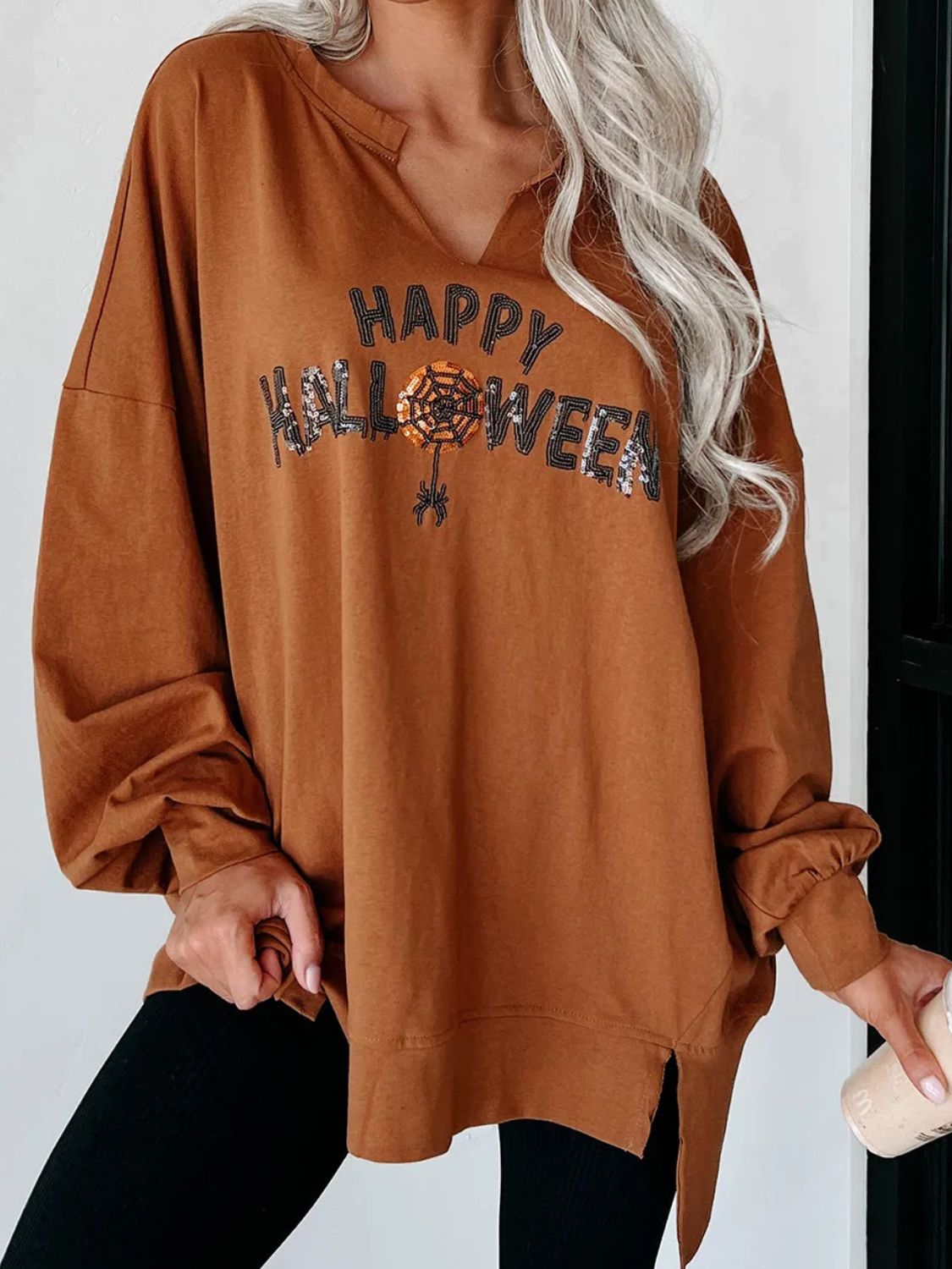 Sequin Happy Halloween Long Sleeve Sweater